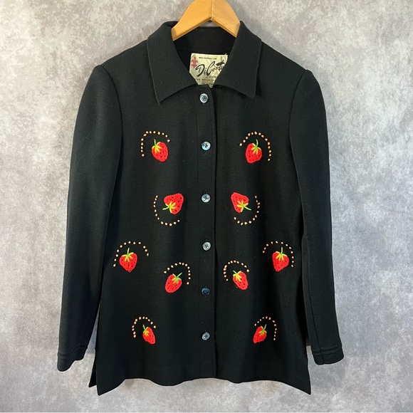 Di Costa Sweaters - Vintage Di Costa Cardigan Women 12 Black Embroidered Strawberries 60s *See Desc*